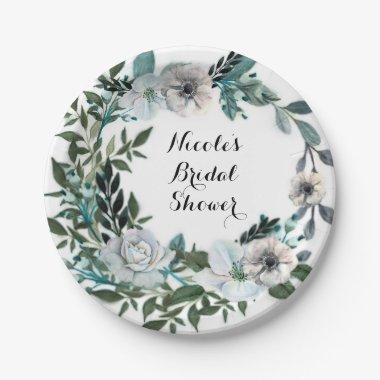 White Floral Flowers Botanical Greenery Wreath Paper Plates