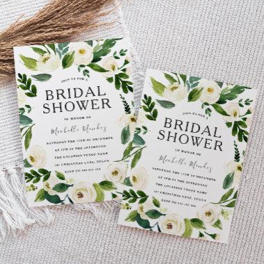 White Floral Green Wreath Modern Bridal Shower Invitations
