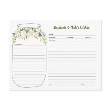 White Floral Greenery Mason Jar Recipe Invitations