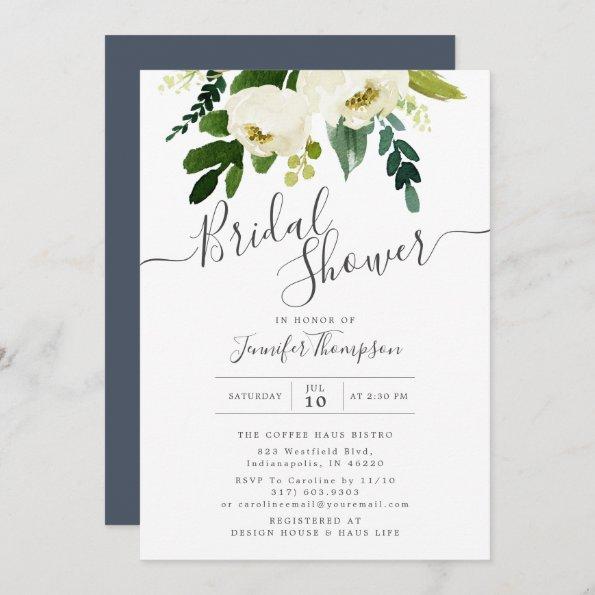 White Floral & Greenery Watercolor Bridal Shower Invitations