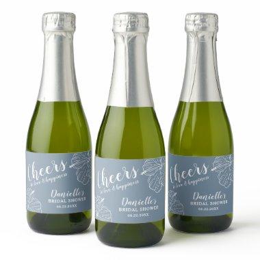 White Floral Hibiscus Mini Dusty Blue Sparkling Wine Label