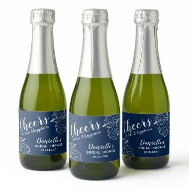White Floral Hibiscus Mini Navy Blue Sparkling Wine Label