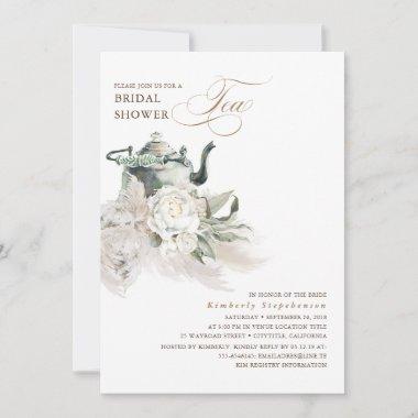 White Floral Pampas Grass Boho Bridal Shower Tea Invitations