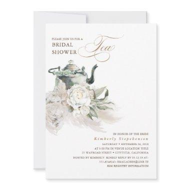 White Floral Pampas Grass Boho Bridal Shower Tea Invitations