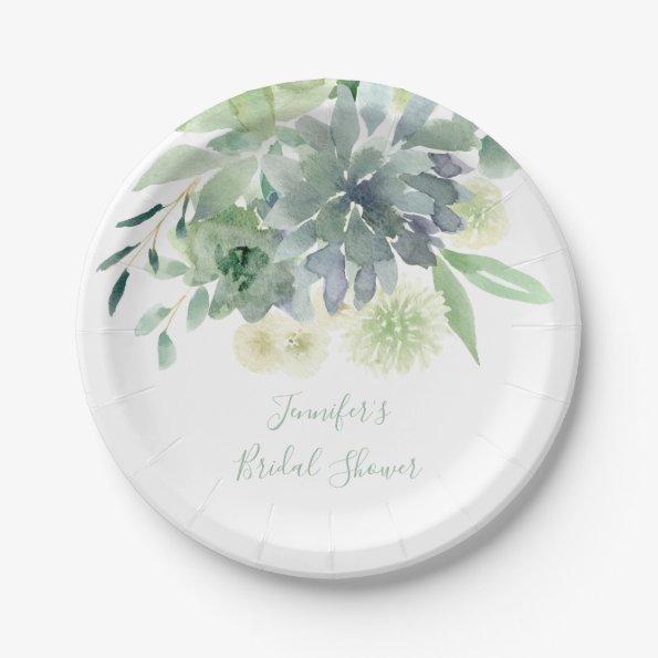 White Floral Succulent Bridal Shower Paper Plates