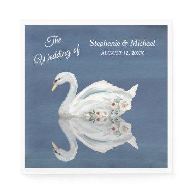 White Floral Swan on Blue Wedding Napkins