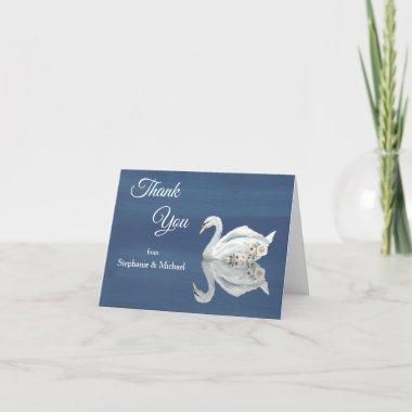 White Floral Swan on Blue Wedding Thank You Invitations