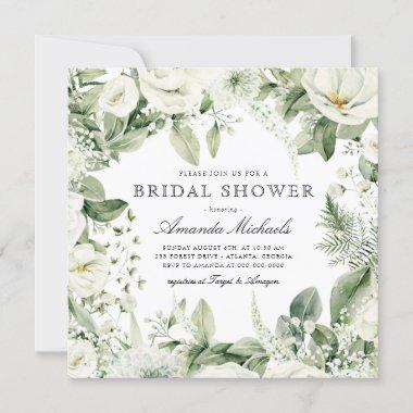 White Floral Winter Greenery Rustic Bridal Shower Invitations