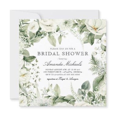 White Floral Winter Greenery Rustic Bridal Shower Invitations