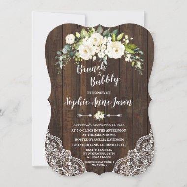 White Floral Wood Brunch and Bubbly Bridal Shower Invitations