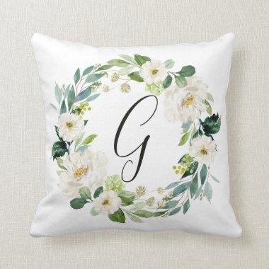 White Floral Wreath Monogram Throw Pillow