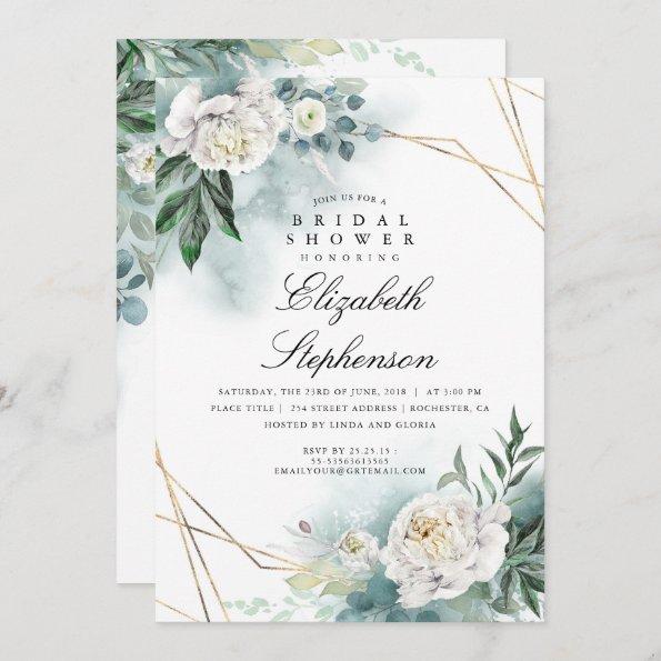 White Flowers and Greenery Elegant Bridal Shower Invitations