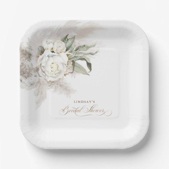 White Flowers and Pampas Grass Boho Bridal Shower Paper Plates