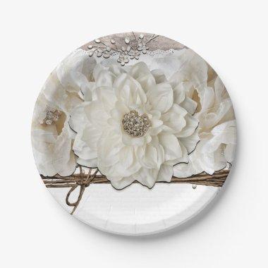 White Flowers & Birch Rustic Glam Bridal Shower Paper Plates