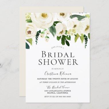 White Flowers & Cream Elegant Bridal Shower Invitations