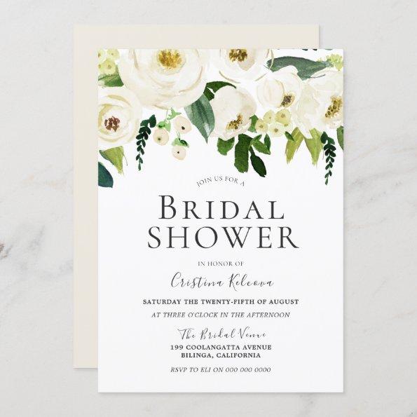 White Flowers & Cream Elegant Bridal Shower Invitations