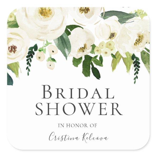 White Flowers & Cream Elegant Bridal Shower Square Sticker