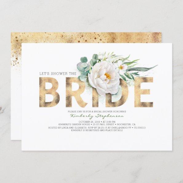 White Flowers Gold and Greenery Chic Bridal Shower Invitations