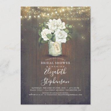White Flowers Mason Jar Rustic Bridal Shower Invitations