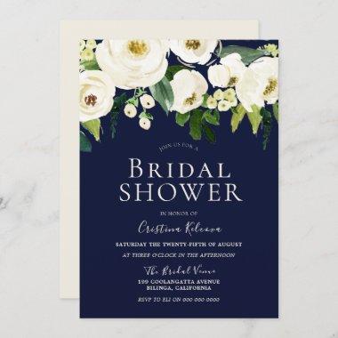 White Flowers & Navy Elegant Bridal Shower Invitations
