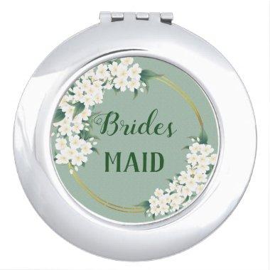 White Flowers on Green Bridesmaid Wedding Favor Compact Mirror