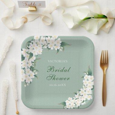 White Flowers on Green Pattern Bridal Shower Paper Plates