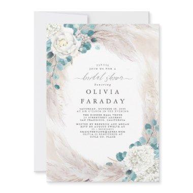 White Flowers Pampas Grass Bridal Shower Invitations