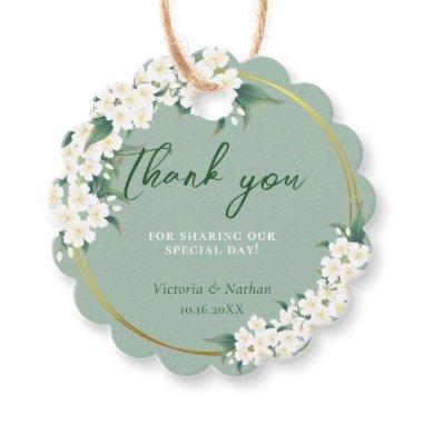 White Flowers Sage Green Cloud Pattern Gold Circle Favor Tags