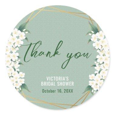 White Flowers Sage Green Gold Frame Classic Round Sticker
