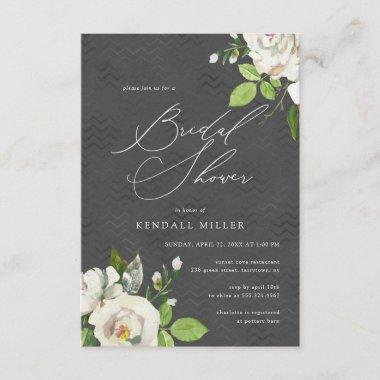 White Garden Floral Watercolor Black Bridal Shower Invitations