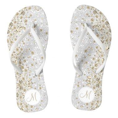 White Glitter and Gold Diamond Flip Flops