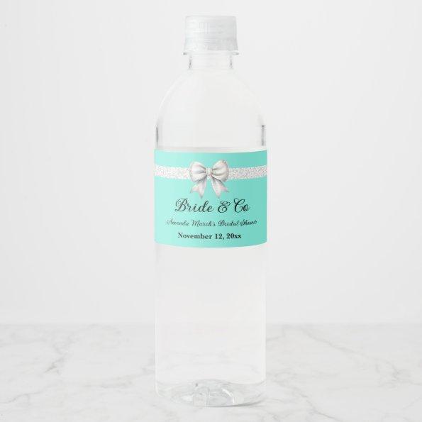 White Glitter Bow Paris Blue Bridal Shower Water Bottle Label