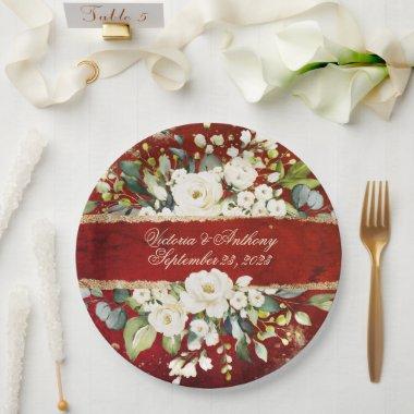 White Gold Botanical Floral Rustic Red Wedding Pa Paper Plates