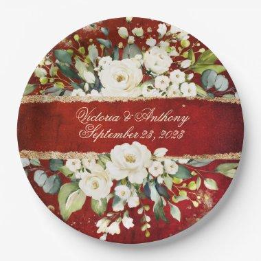 White Gold Botanical Floral Rustic Red Wedding Paper Plates