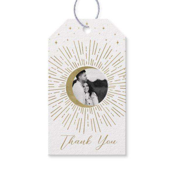 White Gold Celestial Sunburst Moon Photo Wedding Gift Tags