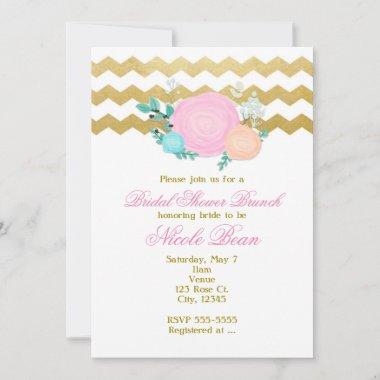 White & Gold Chevron Floral Garden Bridal Shower Invitations
