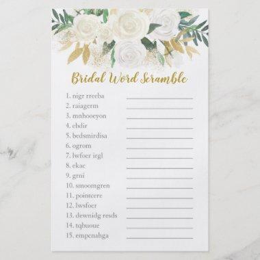 White & Gold Floral Bridal Word Scramble Flyer