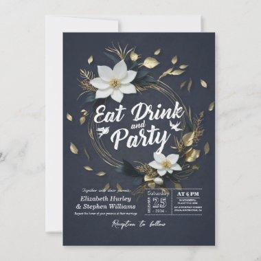 White Gold Floral Wreath EAT Drink & Party Wedding Invitations