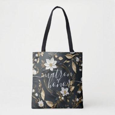 White & Gold Floral Wreath Wedding Matron of Honor Tote Bag