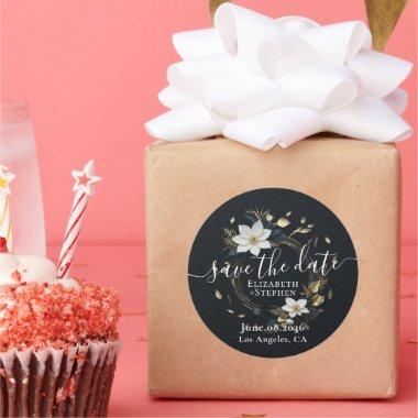 White Gold Floral Wreath Wedding Save The Date Classic Round Sticker