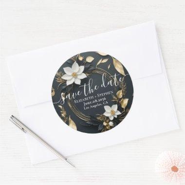 White Gold Floral Wreath Wedding Save The Date Classic Round Sticker