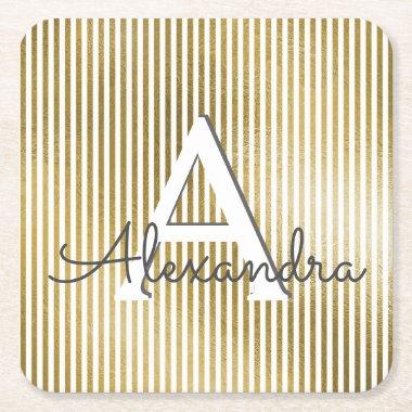 White & Gold Foil Striped Monogram & Initial Square Paper Coaster