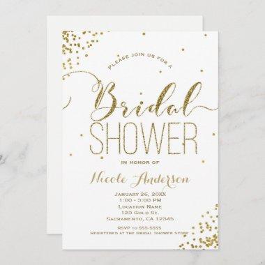 White & Gold Glam Glitter Corners BRIDAL SHOWER Invitations