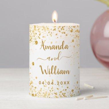 White gold glitter dust names wedding pillar candle