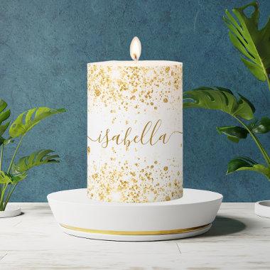 White gold glitter name script elegant pillar candle