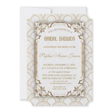 White Gold Great Gatsby Art Deco Bridal Shower Invitations