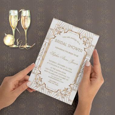 White Gold Great Gatsby Art Deco Bridal Shower Invitations