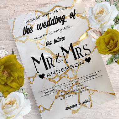 White & Gold Marble Mr & Mrs Luxury Wedding Invitations