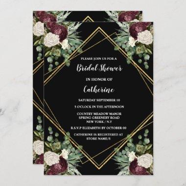 White gold maroon rose botanical floral chic Invitations