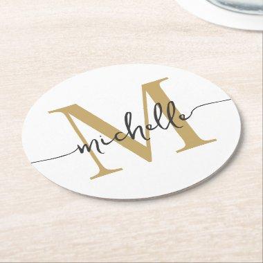 White Gold Modern Monogram Name Elegant Script Round Paper Coaster